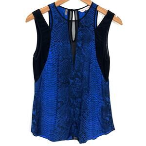 Rebecca Taylor Python Silk Combo Cobalt Blue Split Shoulder Tank Top Size 2